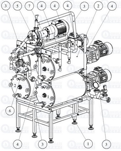 Состав и конструкция барабанного маслообразователя ОМ-4Т-Д (4 цилиндра с обработником) (Я7-ОМ-3Т-М) вид спереди